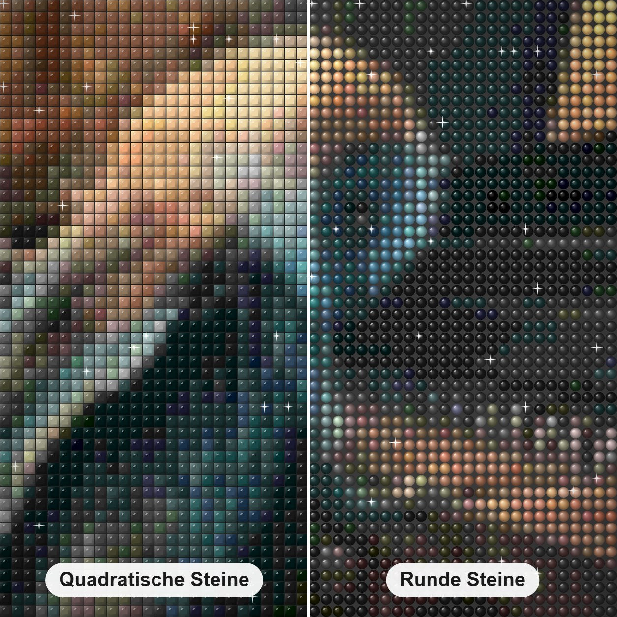 Eule spielt Klavier. Diamond Painting Nahaufnahme mit quadratischen und runden Steinen