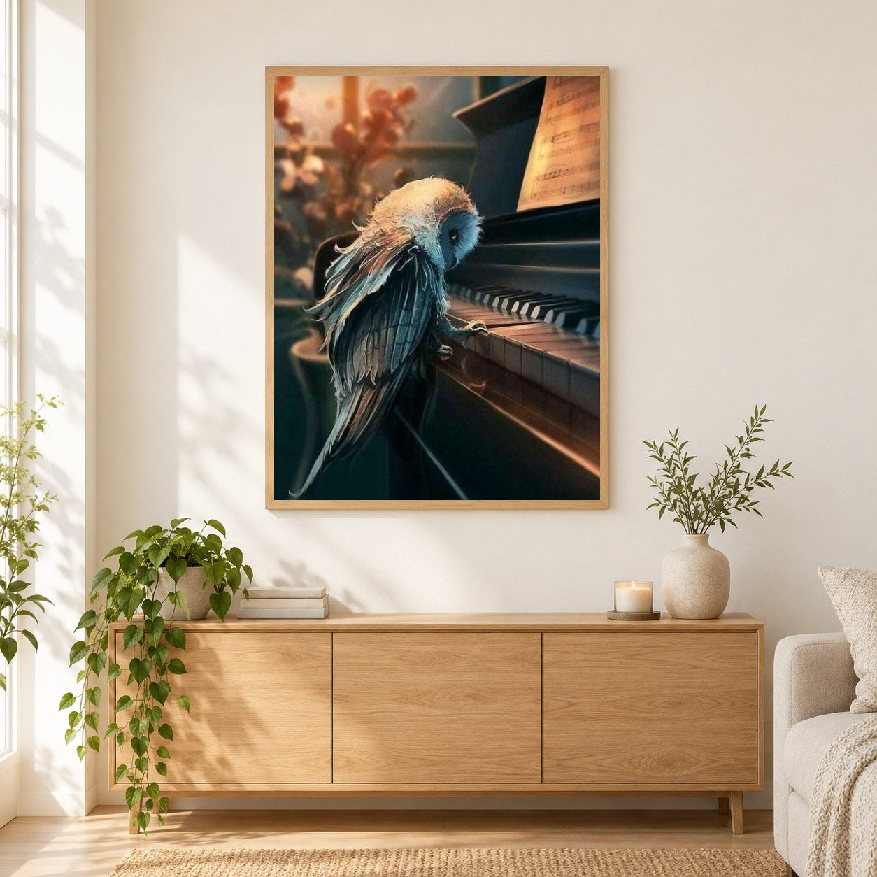 Eule spielt Klavier. als gerahmtes Diamond Painting im Wohnzimmer