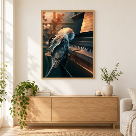 Eule spielt Klavier. als gerahmtes Diamond Painting im Wohnzimmer