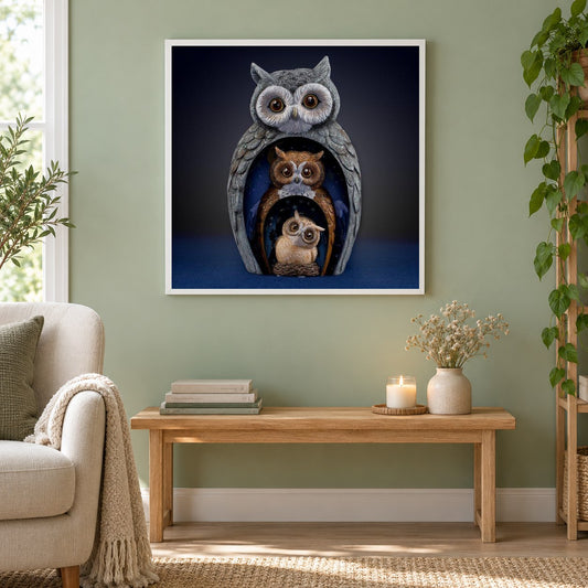 Eulen – Augen der Weisheit als gerahmtes Diamond Painting im Wohnzimmer