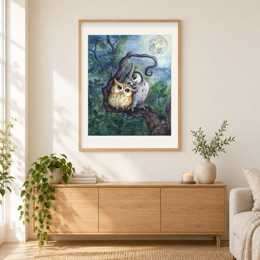 Eulen verliebt als gerahmtes Diamond Painting im Wohnzimmer