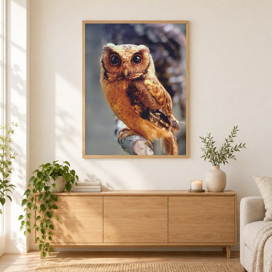 Eulenschönheit als gerahmtes Diamond Painting im Wohnzimmer