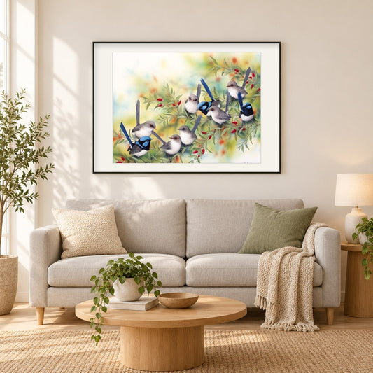 Eurasische Elstern als gerahmtes Diamond Painting im Wohnzimmer