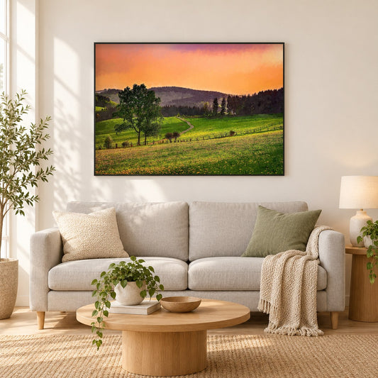 Abendliche Weide - Kunst des Denise Dundon als gerahmtes Diamond Painting im Wohnzimmer