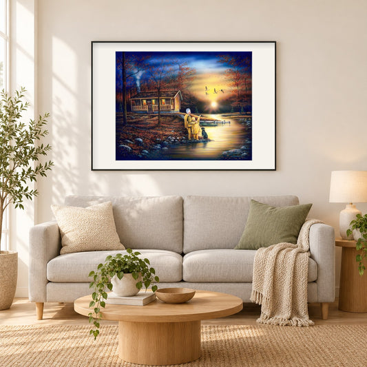 Abendliche Reflexionen -Kunst des Robert Andrea als gerahmtes Diamond Painting im Wohnzimmer