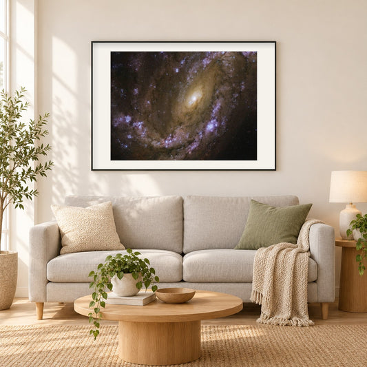 explosive Galaxie als gerahmtes Diamond Painting im Wohnzimmer