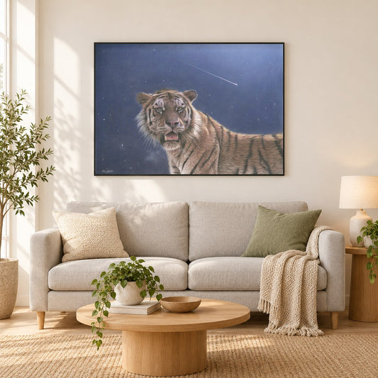 fallender Stern - Kunst des Eric Wilson als gerahmtes Diamond Painting im Wohnzimmer