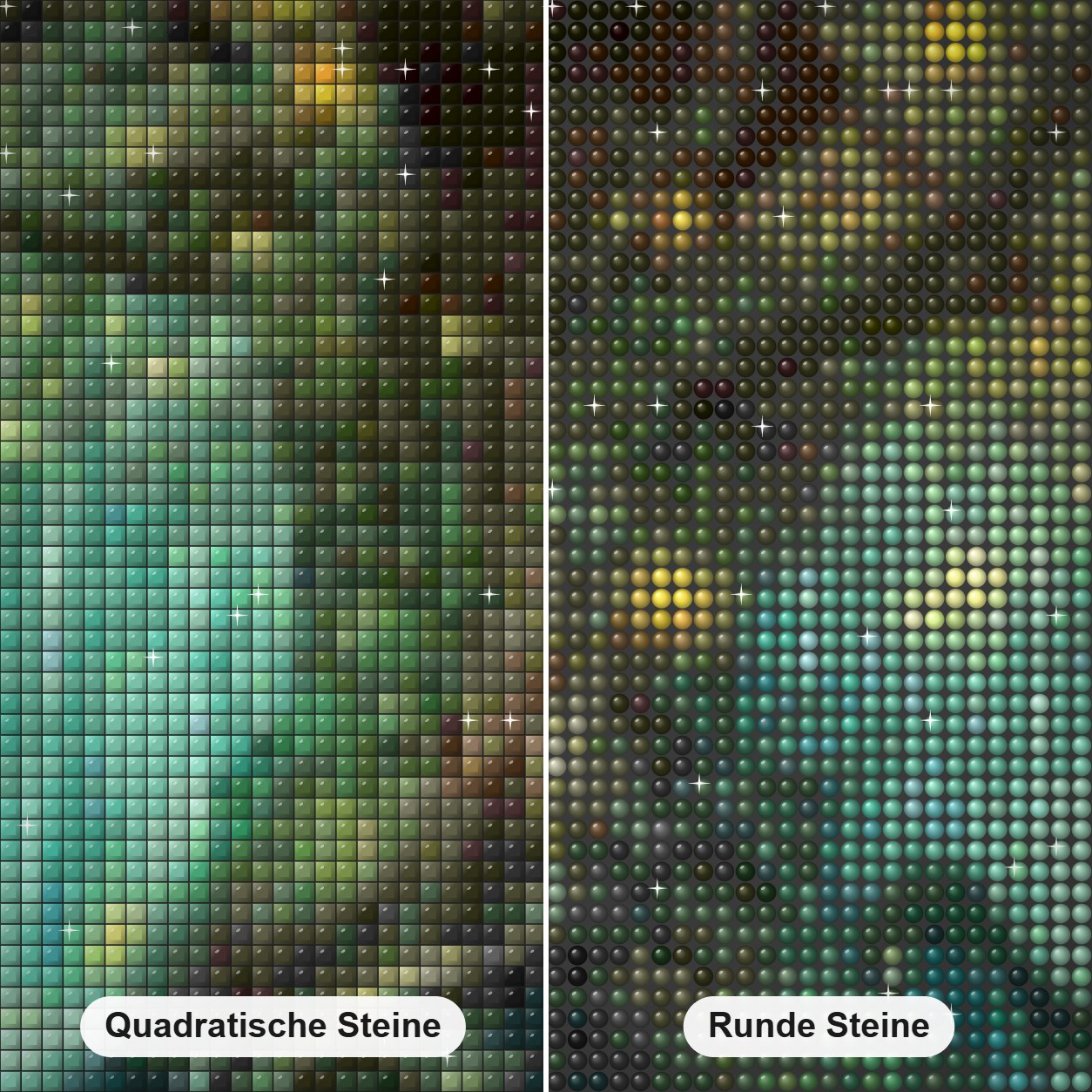 Fantasie Baum des Lichtmalerei-Kits Diamond Painting Nahaufnahme mit quadratischen und runden Steinen