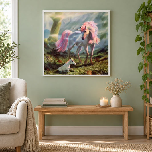 Fantasie Einhorn als gerahmtes Diamond Painting im Wohnzimmer