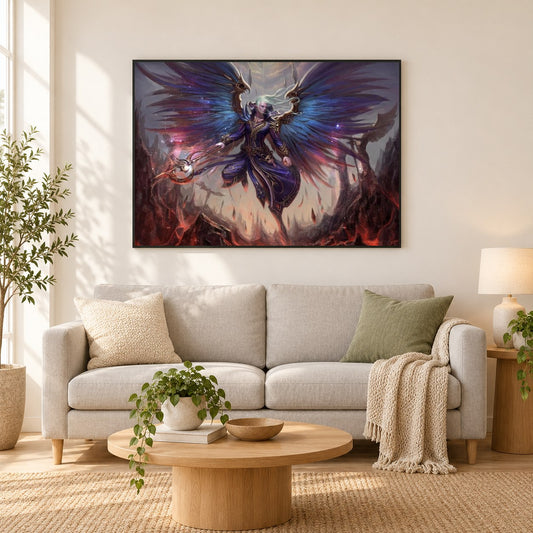 Fantasie Engel Krieger als gerahmtes Diamond Painting im Wohnzimmer