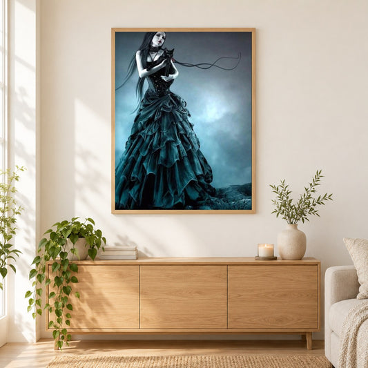 Gothic Lady im viktorianischen Kleid als gerahmtes Diamond Painting im Wohnzimmer