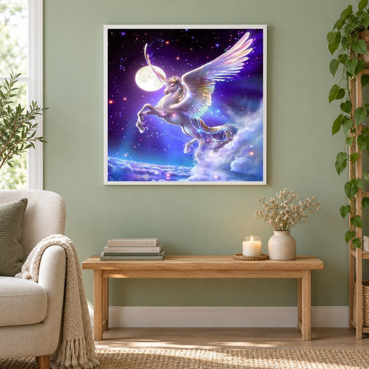 Fantasie pferd Fliegende als gerahmtes Diamond Painting im Wohnzimmer