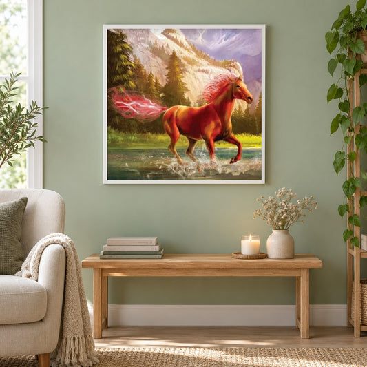 Fantasiepferd im Wasser als gerahmtes Diamond Painting im Wohnzimmer