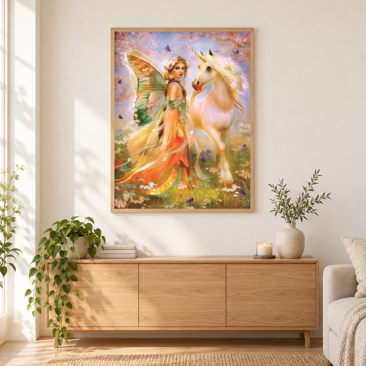 Fantasy Fee mit ihrem Einhorn als gerahmtes Diamond Painting im Wohnzimmer
