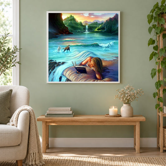 Fantasy-Kunst von Jim Warren als gerahmtes Diamond Painting im Wohnzimmer