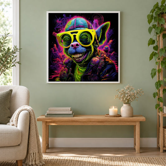 Modischer pelziger Freund – Diamantkunst als gerahmtes Diamond Painting im Wohnzimmer
