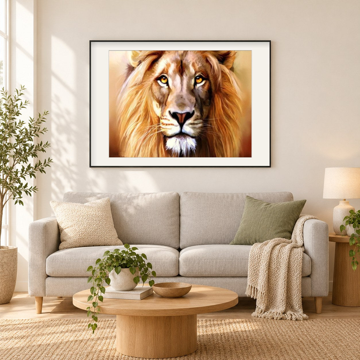 Faszinierender Löwe als gerahmtes Diamond Painting im Wohnzimmer
