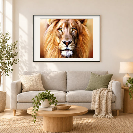 Faszinierender Löwe als gerahmtes Diamond Painting im Wohnzimmer