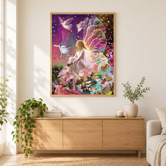 Feen & Schmetterlinge als gerahmtes Diamond Painting im Wohnzimmer