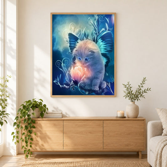 Feenkatzenfarbe von Diamanten als gerahmtes Diamond Painting im Wohnzimmer