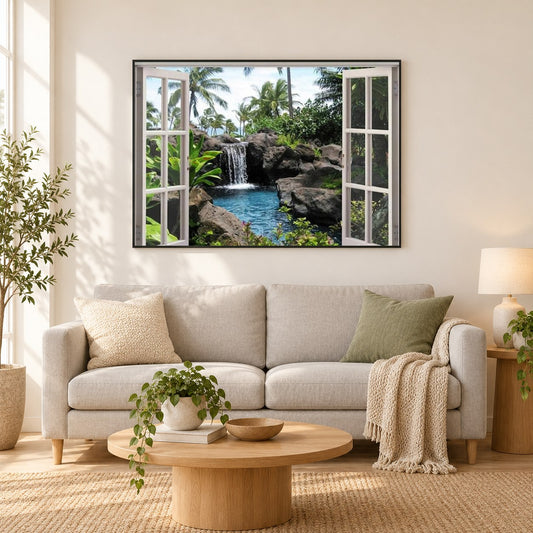 Fenster zum erstaunlichen Wasserfall als gerahmtes Diamond Painting im Wohnzimmer