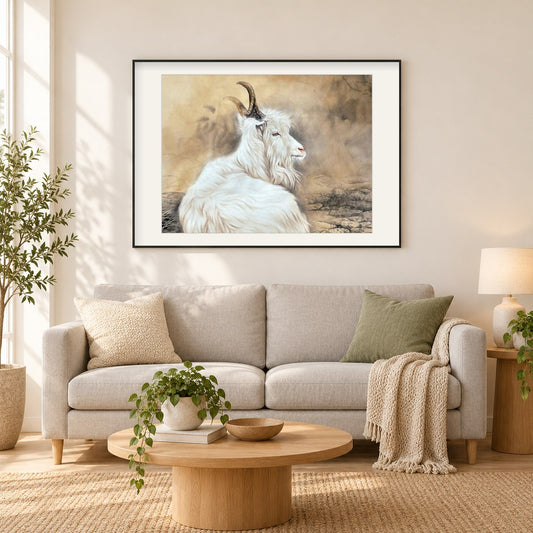 Feral Goat als gerahmtes Diamond Painting im Wohnzimmer