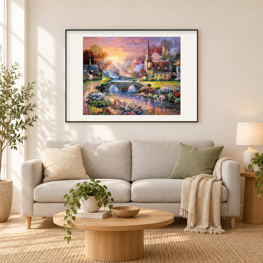 Ferienhaus am See als gerahmtes Diamond Painting im Wohnzimmer