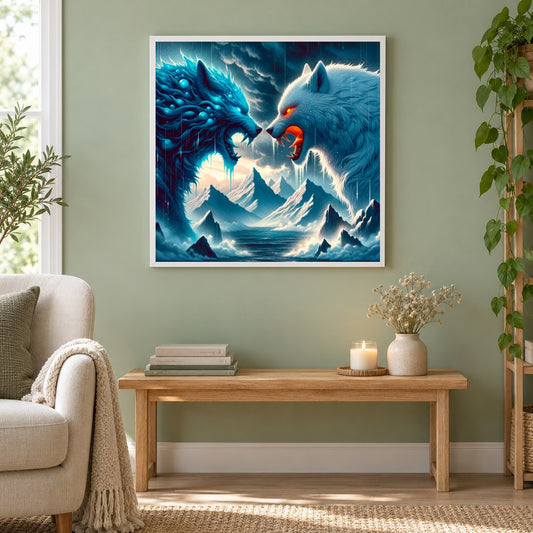 Erbitterter Kampf zwischen mächtigen Wölfen als gerahmtes Diamond Painting im Wohnzimmer