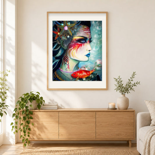 Fisch und Blumenkopf Frau Art als gerahmtes Diamond Painting im Wohnzimmer