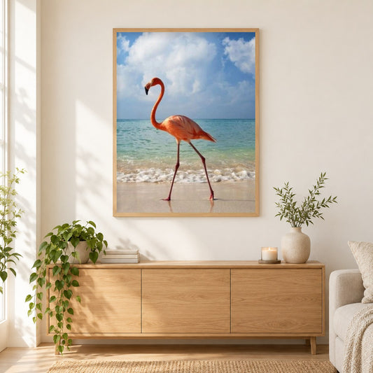 Flamingo am Strand als gerahmtes Diamond Painting im Wohnzimmer