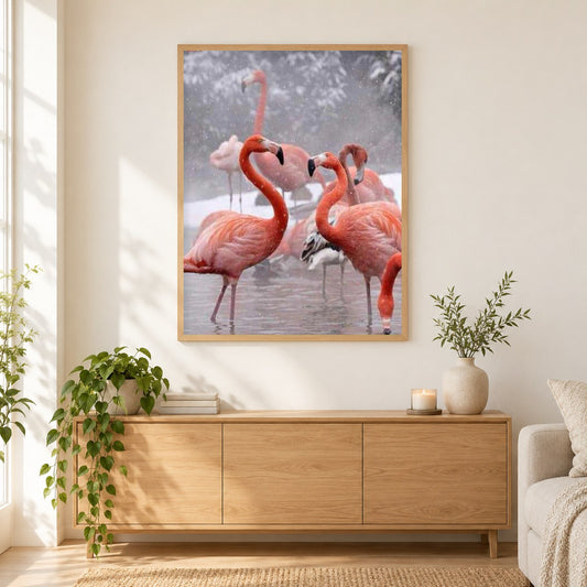 Flamingos im Winter als gerahmtes Diamond Painting im Wohnzimmer