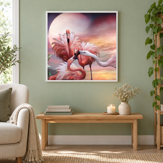 Flamingos Kuss als gerahmtes Diamond Painting im Wohnzimmer