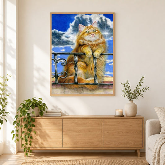 Flauschige braune Katze als gerahmtes Diamond Painting im Wohnzimmer