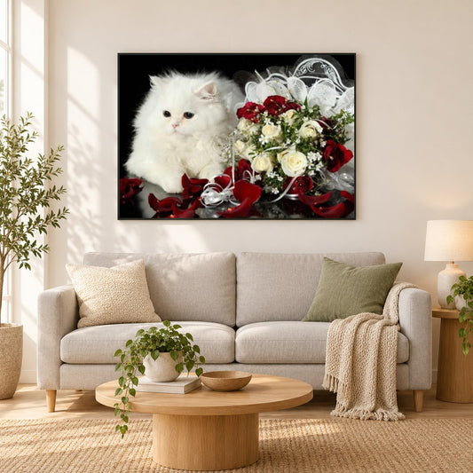 Flauschige weiße Katze und Blumen als gerahmtes Diamond Painting im Wohnzimmer