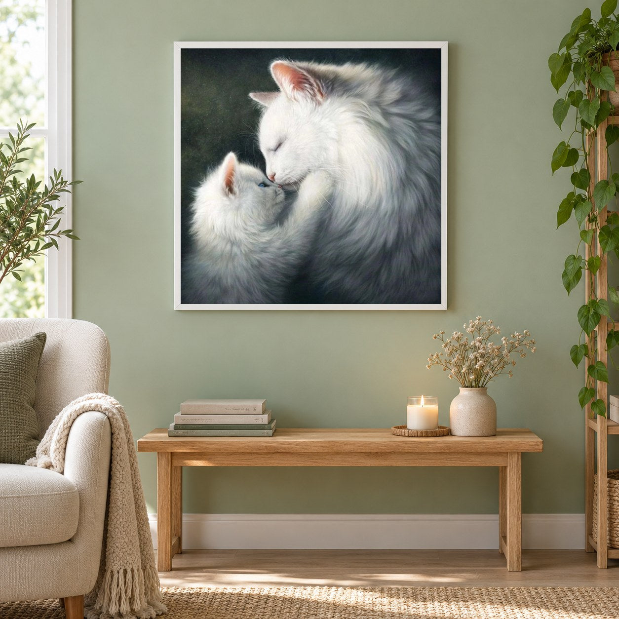 Flauschige weiße Katzen als gerahmtes Diamond Painting im Wohnzimmer