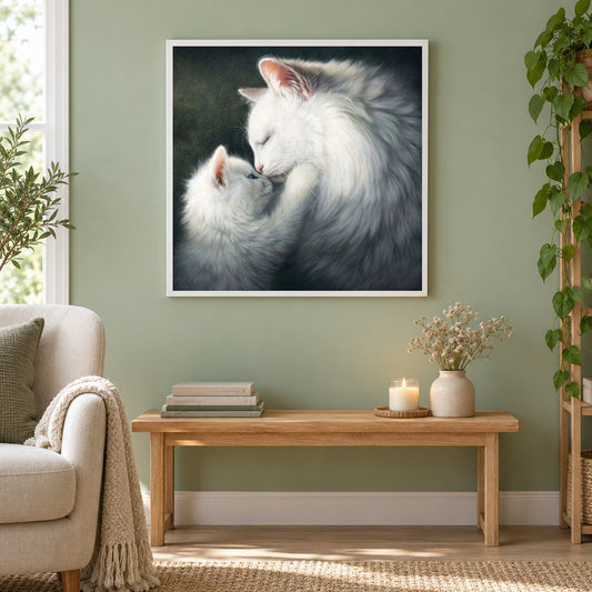 Flauschige weiße Katzen als gerahmtes Diamond Painting im Wohnzimmer
