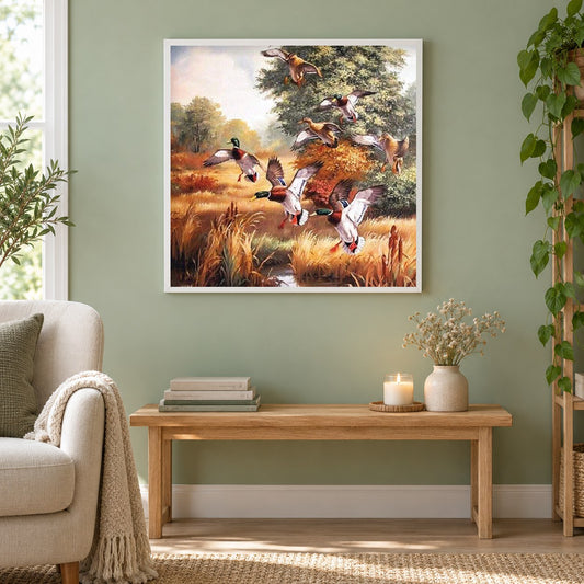 Fliegende Enten als gerahmtes Diamond Painting im Wohnzimmer