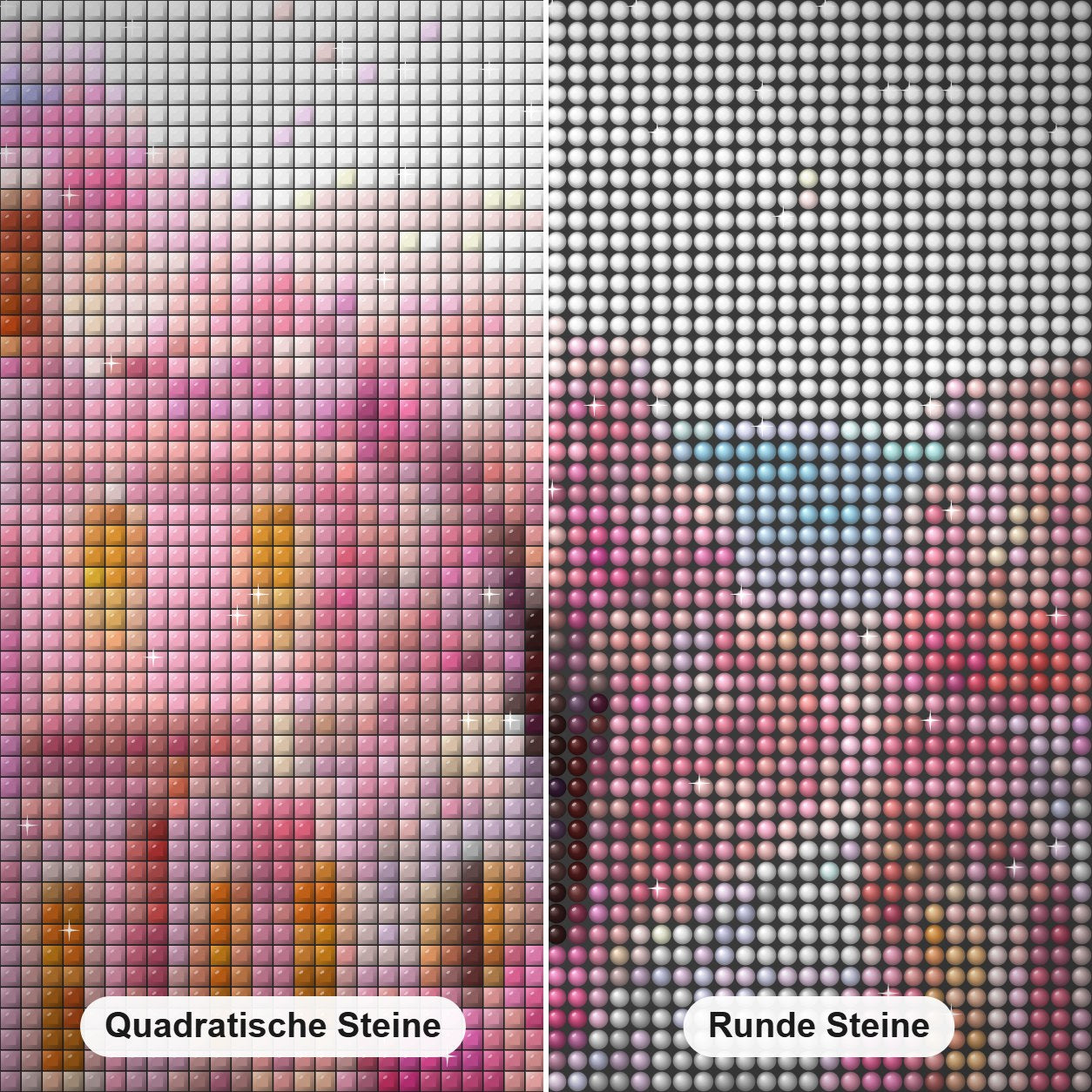 Aus Liebe zu Pink Diamond Painting Nahaufnahme mit quadratischen und runden Steinen
