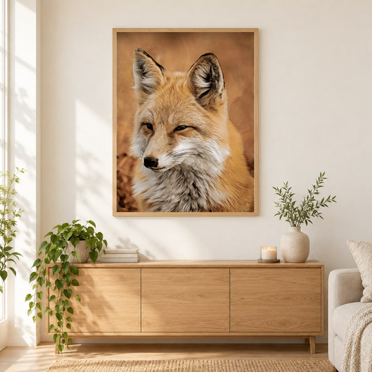 Fuchs - Kunst des Denise Dundon als gerahmtes Diamond Painting im Wohnzimmer
