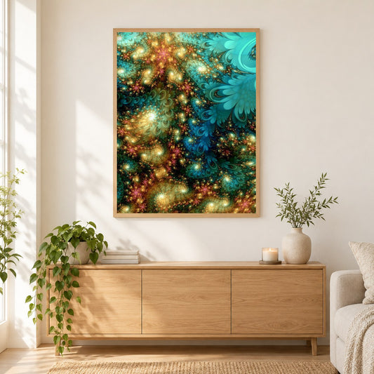 Fraktale Kunst als gerahmtes Diamond Painting im Wohnzimmer