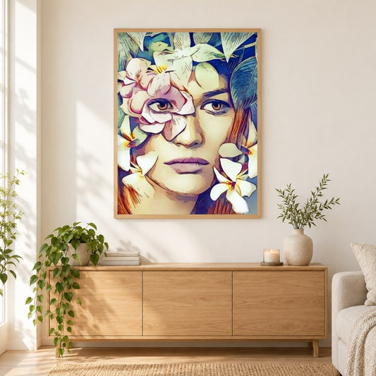 Frau Blumenkunst als gerahmtes Diamond Painting im Wohnzimmer