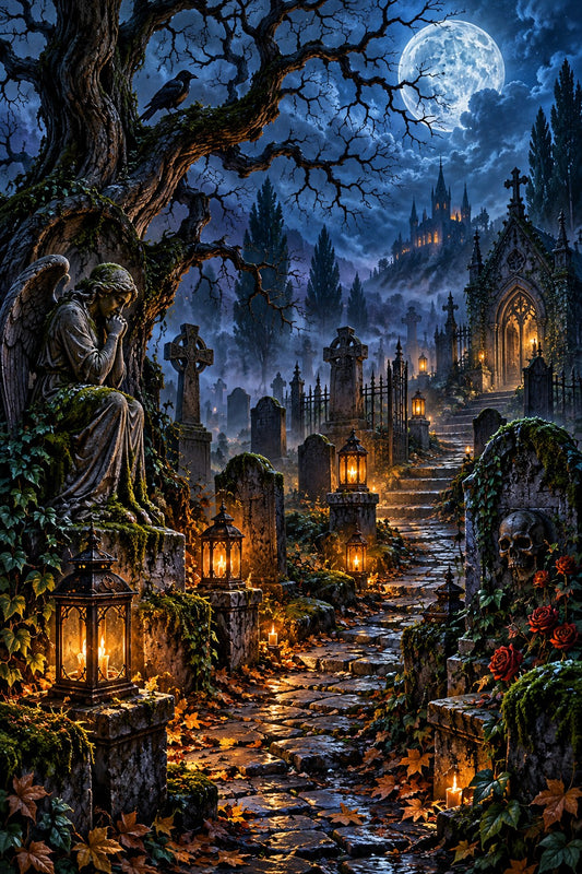 Friedhof mit Laternen im Nebel Diamond Painting