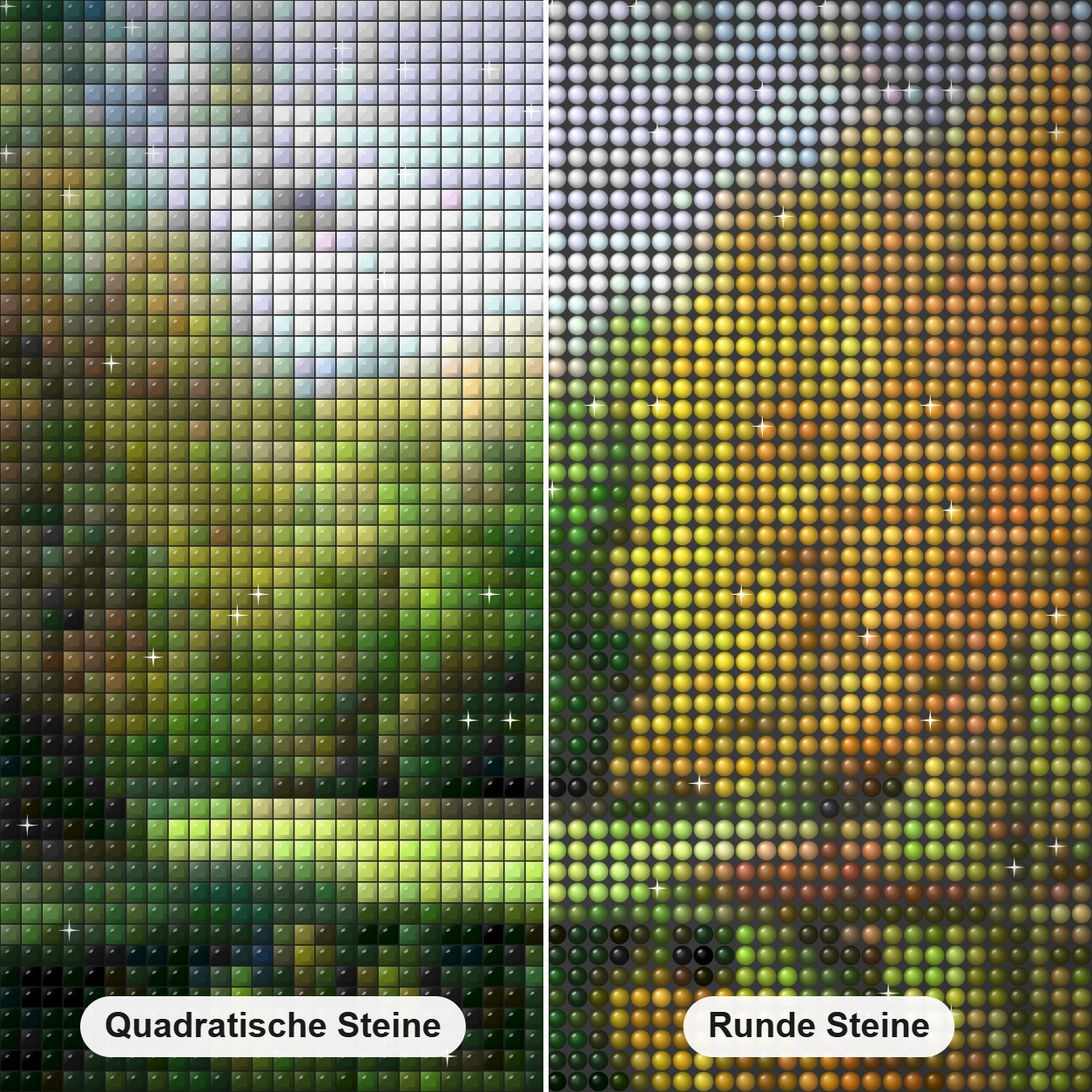 Friedliche Aussicht Diamond Painting Nahaufnahme mit quadratischen und runden Steinen