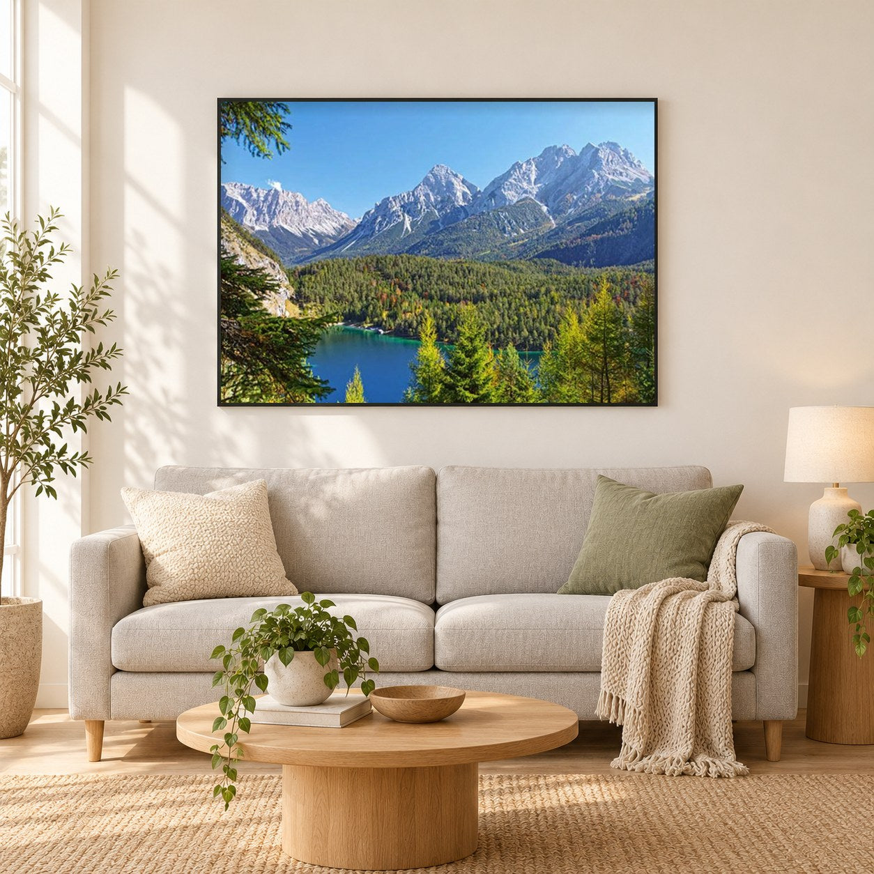 Friedliche Berge als gerahmtes Diamond Painting im Wohnzimmer