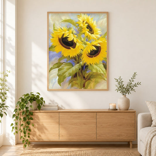 Frische Sonnenblumen als gerahmtes Diamond Painting im Wohnzimmer