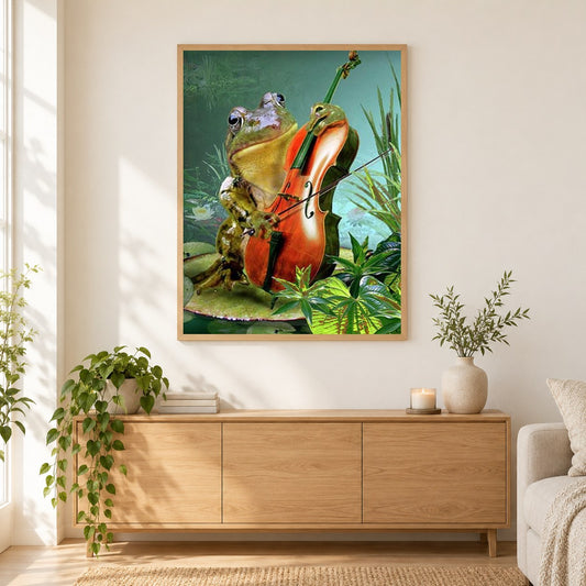 Frosch spielt Gitarr als gerahmtes Diamond Painting im Wohnzimmer