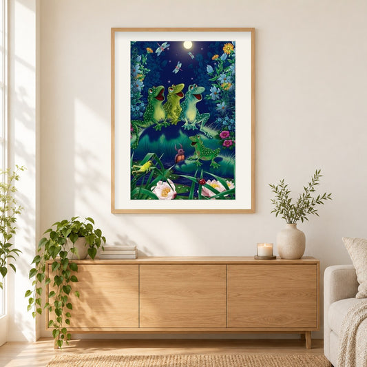 Frösche & Libellen als gerahmtes Diamond Painting im Wohnzimmer