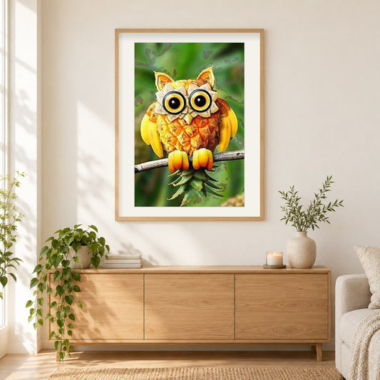 Fruchtschnitzereien der Eule als gerahmtes Diamond Painting im Wohnzimmer