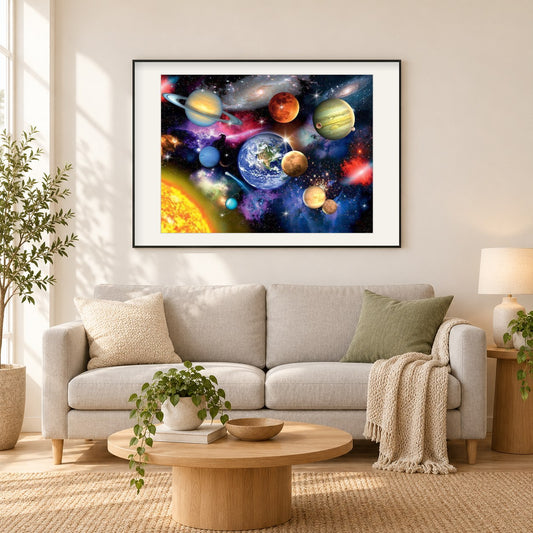 Galaxie & Planeten als gerahmtes Diamond Painting im Wohnzimmer