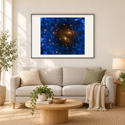 Galaxienhaufen und kosmischer Hintergrund als gerahmtes Diamond Painting im Wohnzimmer